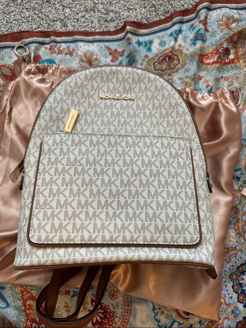 Michael Kors Beige & Brown MK Monogram Backpack